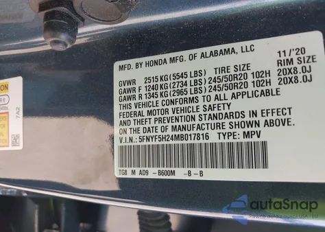 2021 Honda Pilot 2Wd Special Edition из США, поврежденный, VIN 5FNYF5H24MB017816